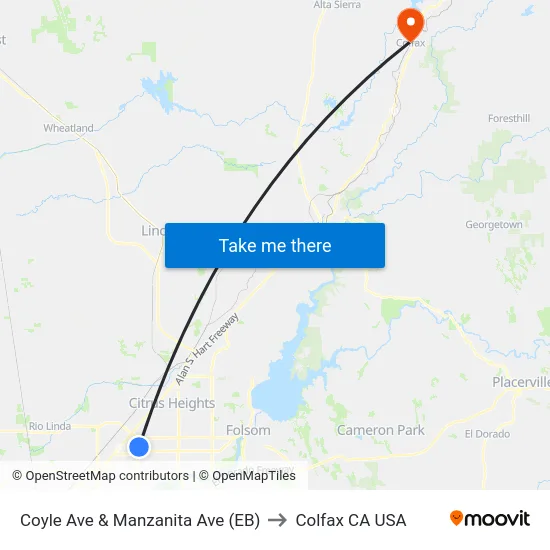 Coyle Ave & Manzanita Ave (EB) to Colfax CA USA map