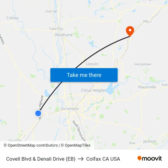 Covell Blvd & Denali Drive (EB) to Colfax CA USA map