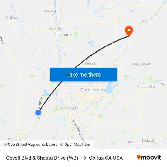 Covell Blvd & Shasta Drive (WB) to Colfax CA USA map