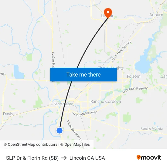 SLP Dr & Florin Rd (SB) to Lincoln CA USA map