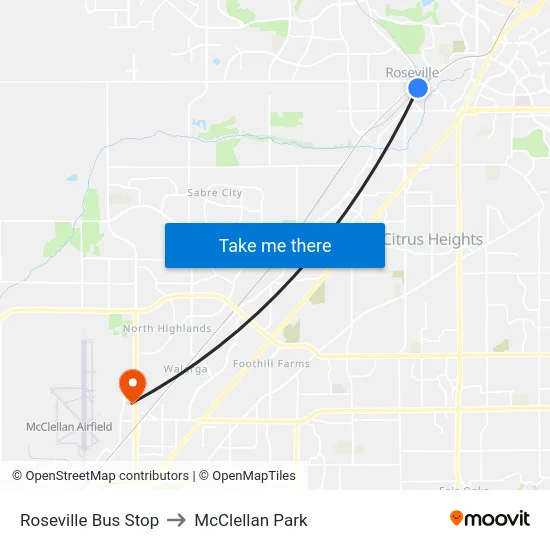 Roseville Bus Stop to McClellan Park map