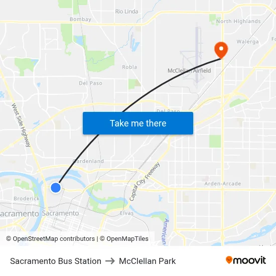Sacramento Bus Station to McClellan Park map