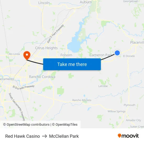 Red Hawk Casino to McClellan Park map