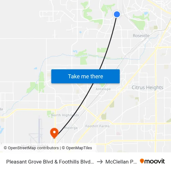 Pleasant Grove Blvd & Foothills Blvd (WB) to McClellan Park map