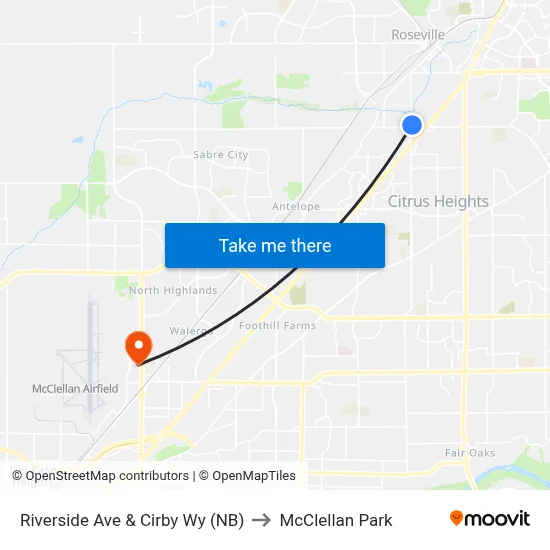 Riverside Ave & Cirby Wy (NB) to McClellan Park map