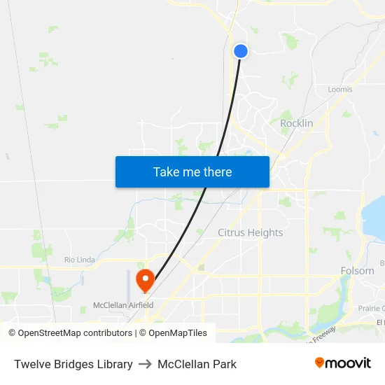 Twelve Bridges Library to McClellan Park map