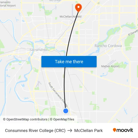 Consumnes River College (CRC) to McClellan Park map