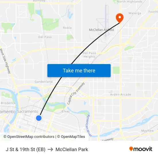 J St & 19th St (EB) to McClellan Park map