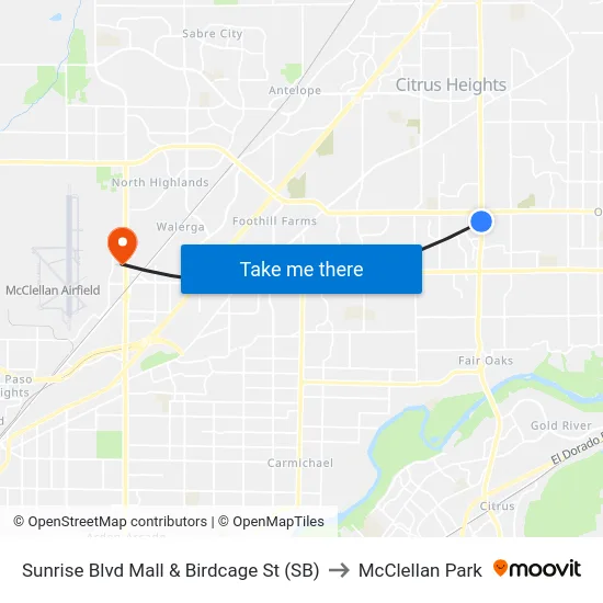 Sunrise Blvd Mall & Birdcage St (SB) to McClellan Park map