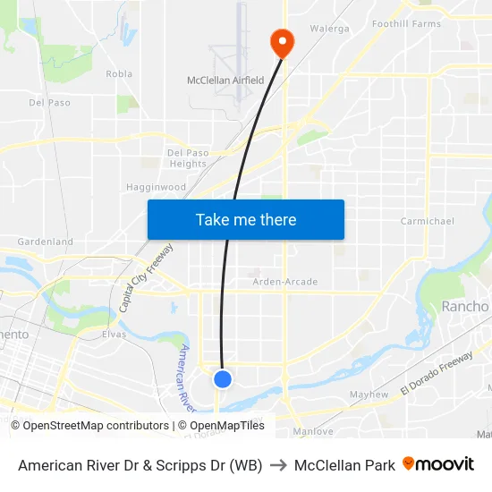 American River Dr & Scripps Dr (WB) to McClellan Park map