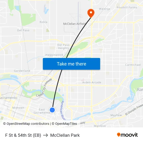 F St & 54th St (EB) to McClellan Park map
