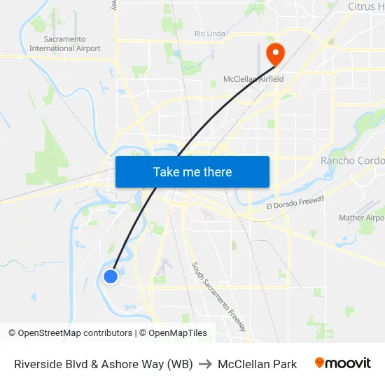 Riverside Blvd & Ashore Way (WB) to McClellan Park map