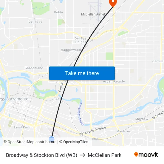 Broadway & Stockton Blvd (WB) to McClellan Park map