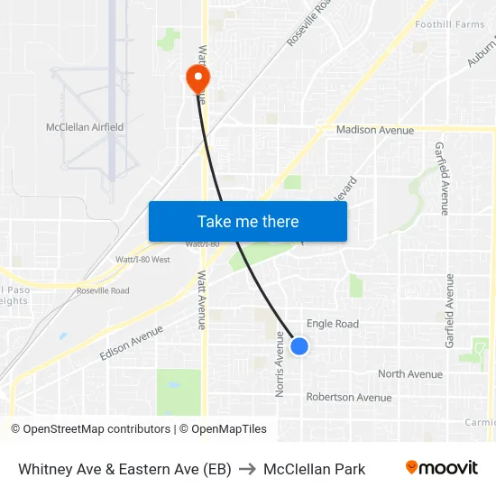 Whitney Ave & Eastern Ave (EB) to McClellan Park map