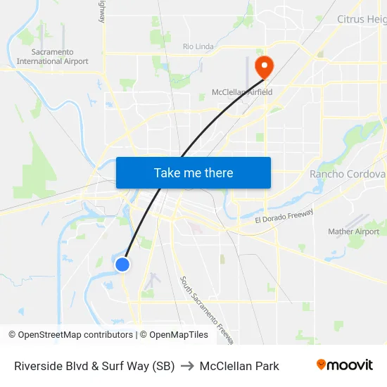 Riverside Blvd & Surf Way (SB) to McClellan Park map