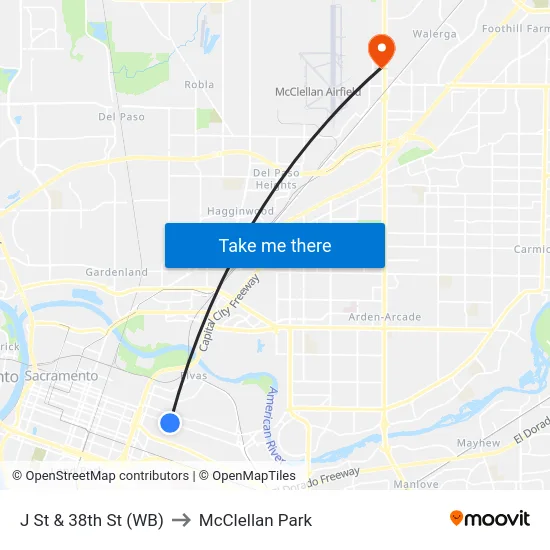J St & 38th St (WB) to McClellan Park map