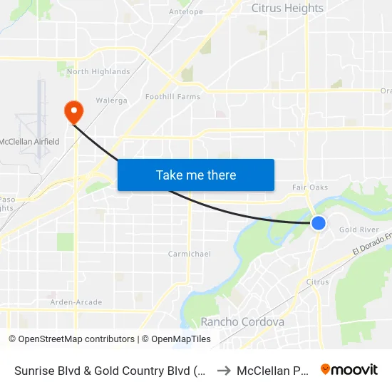 Sunrise Blvd & Gold Country Blvd (NB) to McClellan Park map