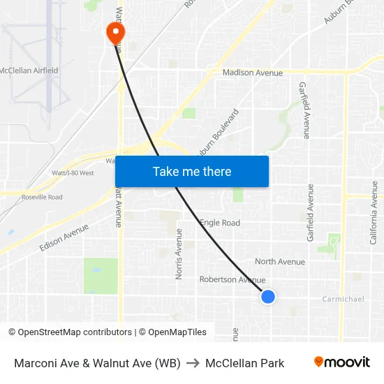Marconi Ave & Walnut Ave (WB) to McClellan Park map