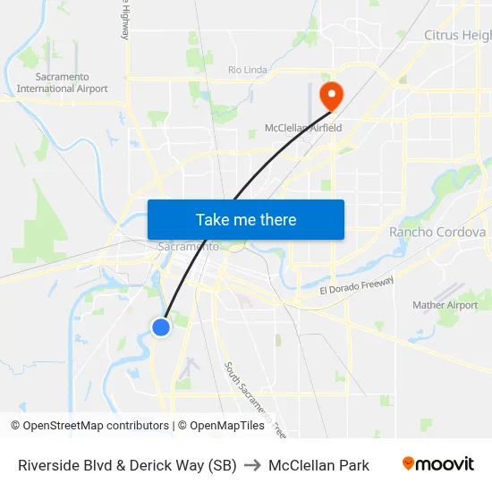 Riverside Blvd & Derick Way (SB) to McClellan Park map