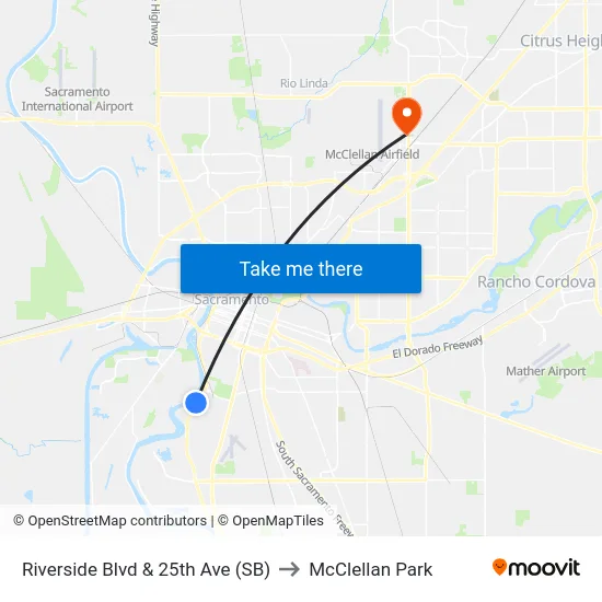 Riverside Blvd & 25th Ave (SB) to McClellan Park map