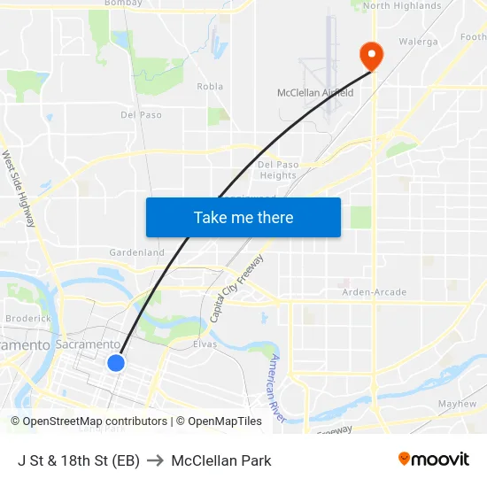J St & 18th St (EB) to McClellan Park map