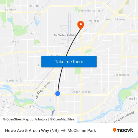 Howe Ave & Arden Way (NB) to McClellan Park map