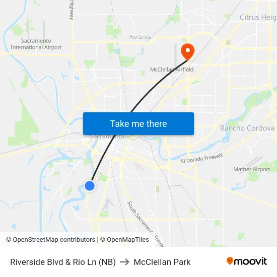 Riverside Blvd & Rio Ln (NB) to McClellan Park map