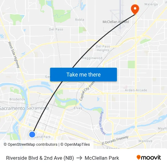 Riverside Blvd & 2nd Ave (NB) to McClellan Park map