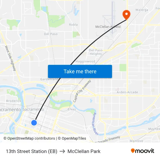 13th Street Station (EB) to McClellan Park map