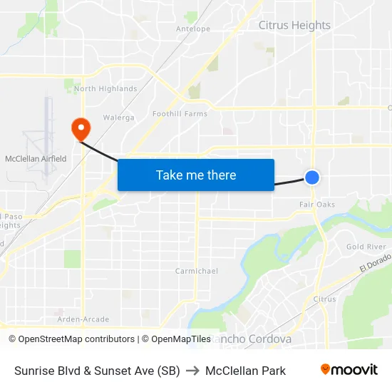 Sunrise Blvd & Sunset Ave (SB) to McClellan Park map