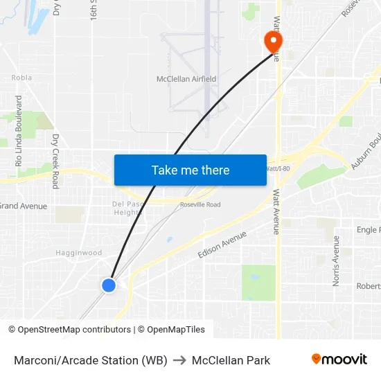 Marconi/Arcade Station (WB) to McClellan Park map