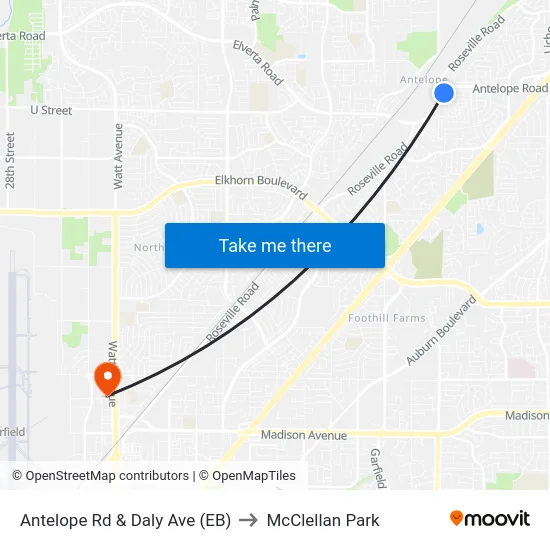 Antelope Rd & Daly Ave (EB) to McClellan Park map