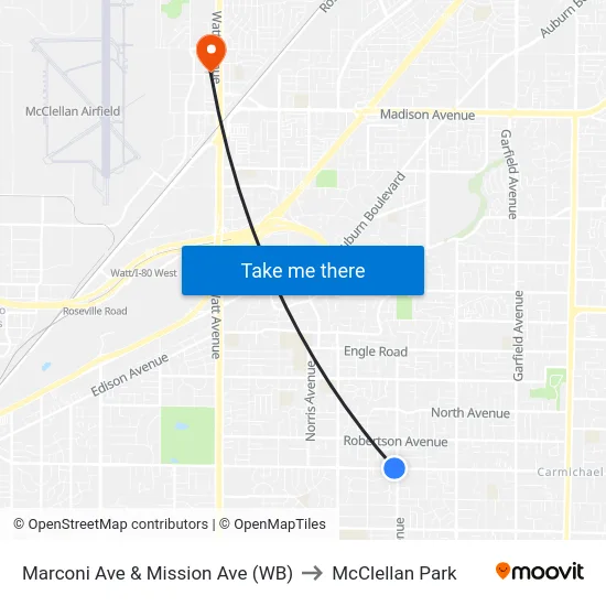 Marconi Ave & Mission Ave (WB) to McClellan Park map