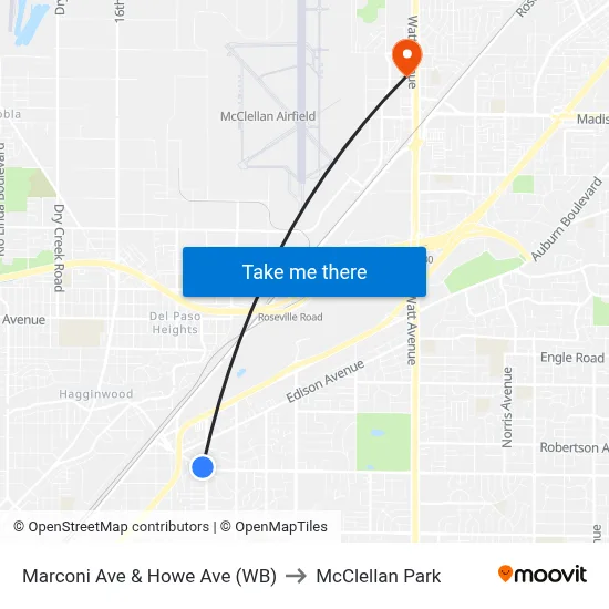 Marconi Ave & Howe Ave (WB) to McClellan Park map