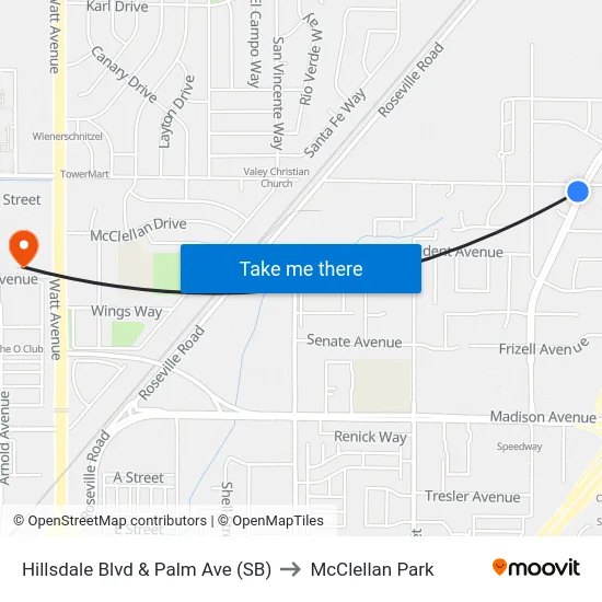 Hillsdale Blvd & Palm Ave (SB) to McClellan Park map