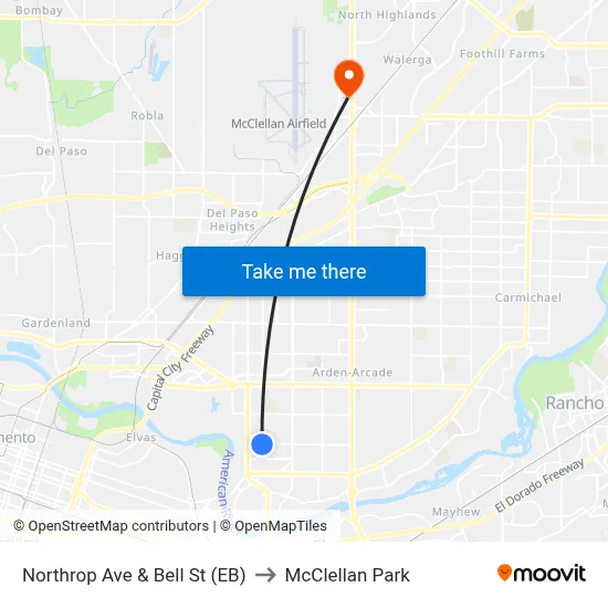 Northrop Ave & Bell St (EB) to McClellan Park map