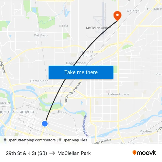 29th St & K St (SB) to McClellan Park map