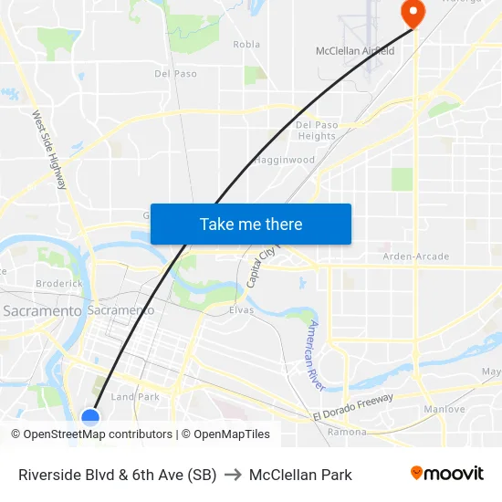 Riverside Blvd & 6th Ave (SB) to McClellan Park map