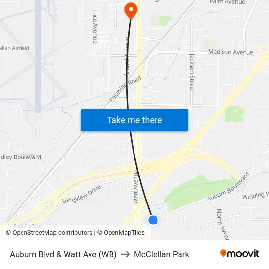 Auburn Blvd & Watt Ave (WB) to McClellan Park map