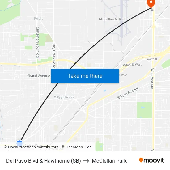 Del Paso Blvd & Hawthorne (SB) to McClellan Park map