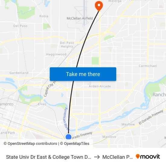 State Univ Dr East & College Town Dr (SB) to McClellan Park map