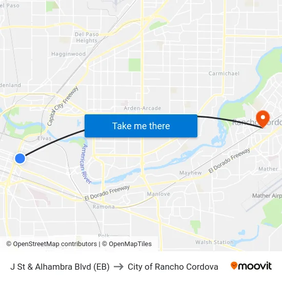 J St & Alhambra Blvd (EB) to City of Rancho Cordova map