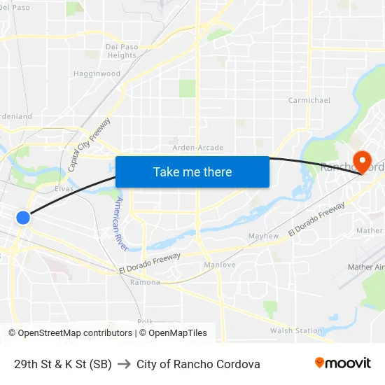 29th St & K St (SB) to City of Rancho Cordova map