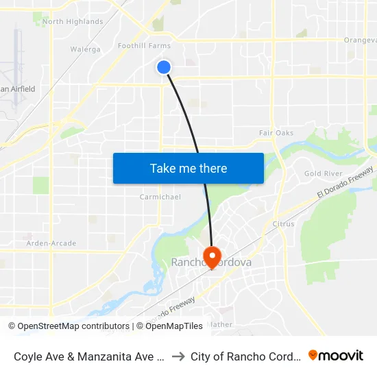 Coyle Ave & Manzanita Ave (EB) to City of Rancho Cordova map