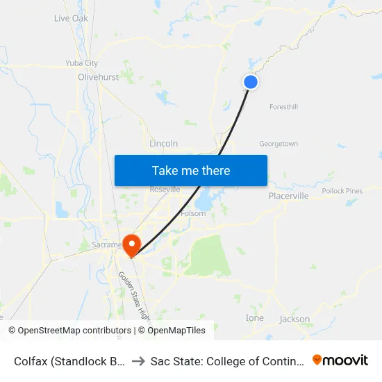 Colfax (Standlock Bottle Shop) to Sac State: College of Continuing Education map