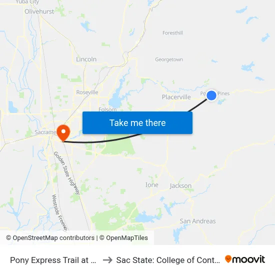 Pony Express Trail at Blair Rd. (East) to Sac State: College of Continuing Education map