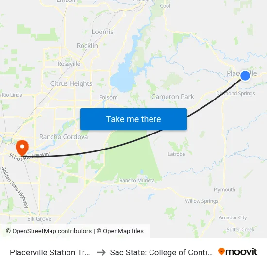 Placerville Station Transfer Center to Sac State: College of Continuing Education map