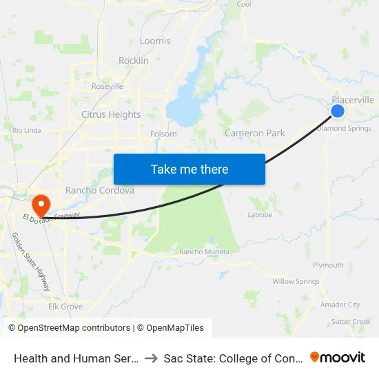 Health and Human Services (Briw Rd.) to Sac State: College of Continuing Education map