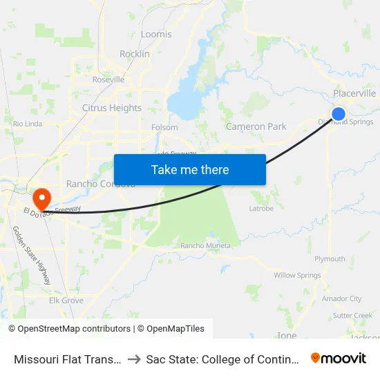 Missouri Flat Transfer Center to Sac State: College of Continuing Education map