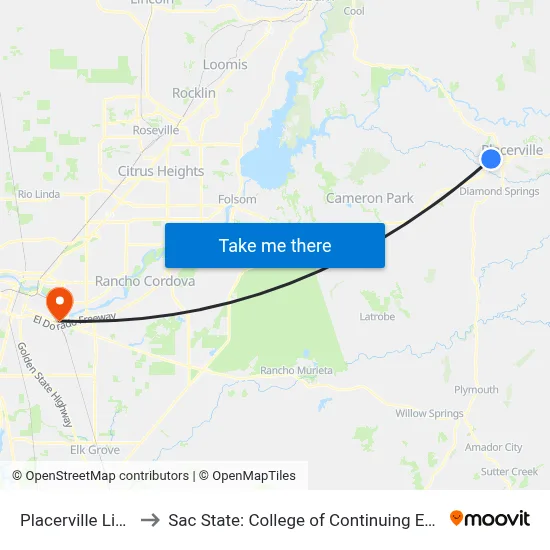 Placerville Library to Sac State: College of Continuing Education map
